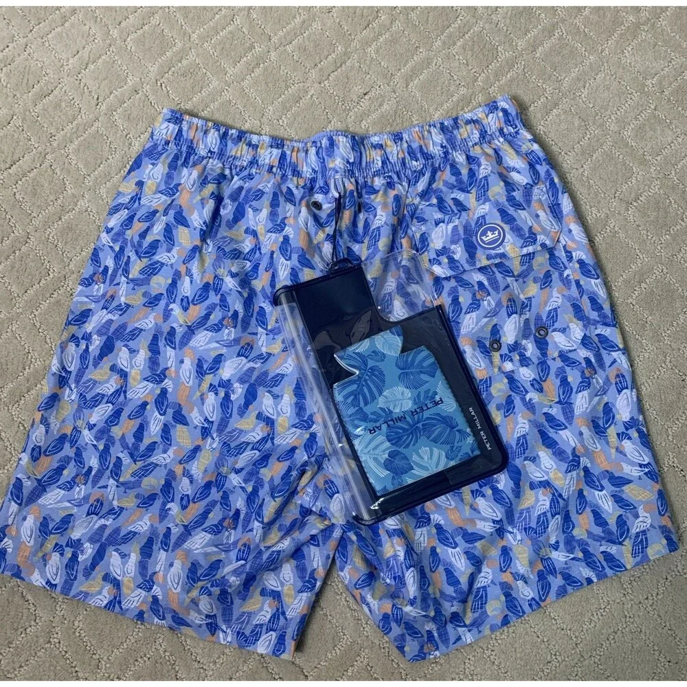 Peter Millar Parrot Talk Swim Trunks Blue Tropical Bird Beach Men's Size S